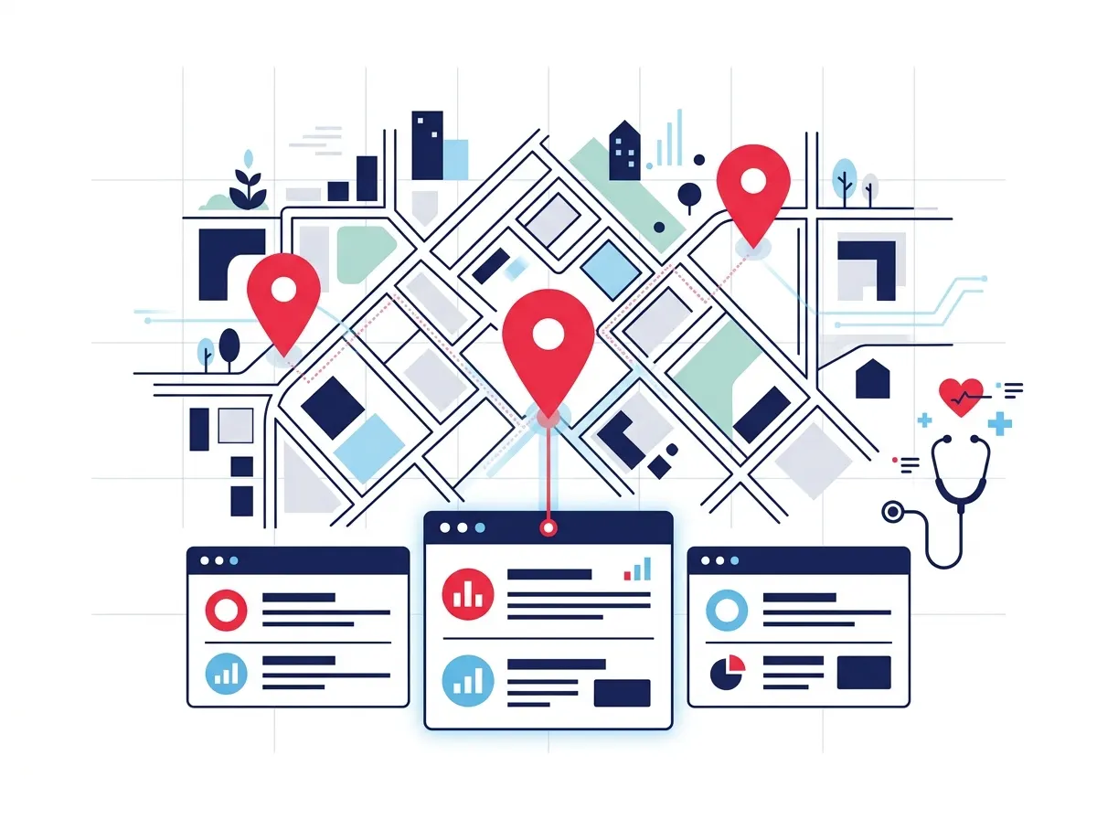 Stylized Google map pack mock with three anonymous local result cards and map pins