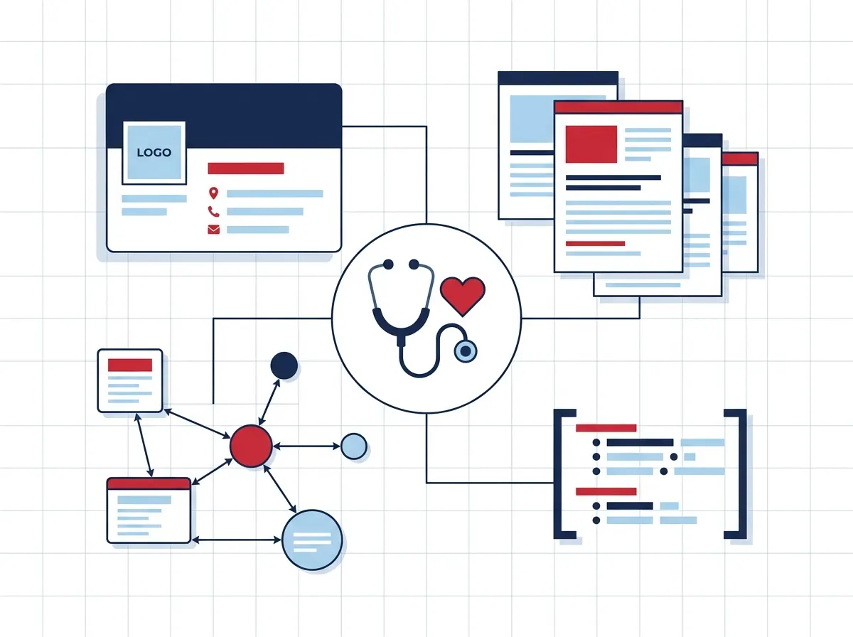 Flat lay illustration of SEO deliverables including audit, content, citations, and schema tiles