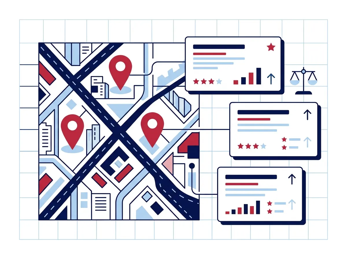 Stylized Google map pack mock with three anonymous local result cards and map pins