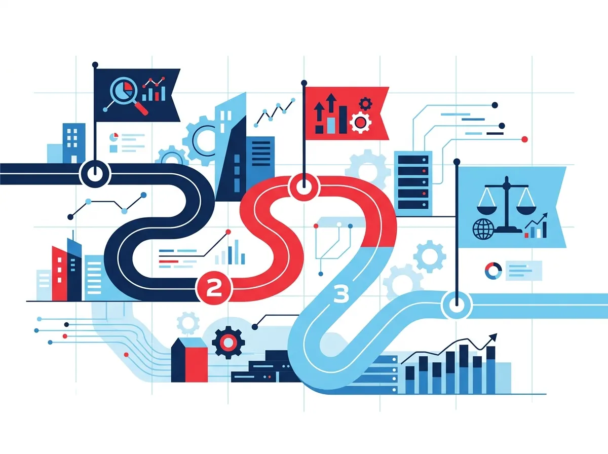 Three step process path illustration moving from audit to optimization to growth