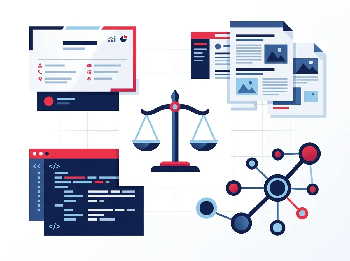 Flat lay illustration of SEO deliverables including audit, content, citations, and schema tiles