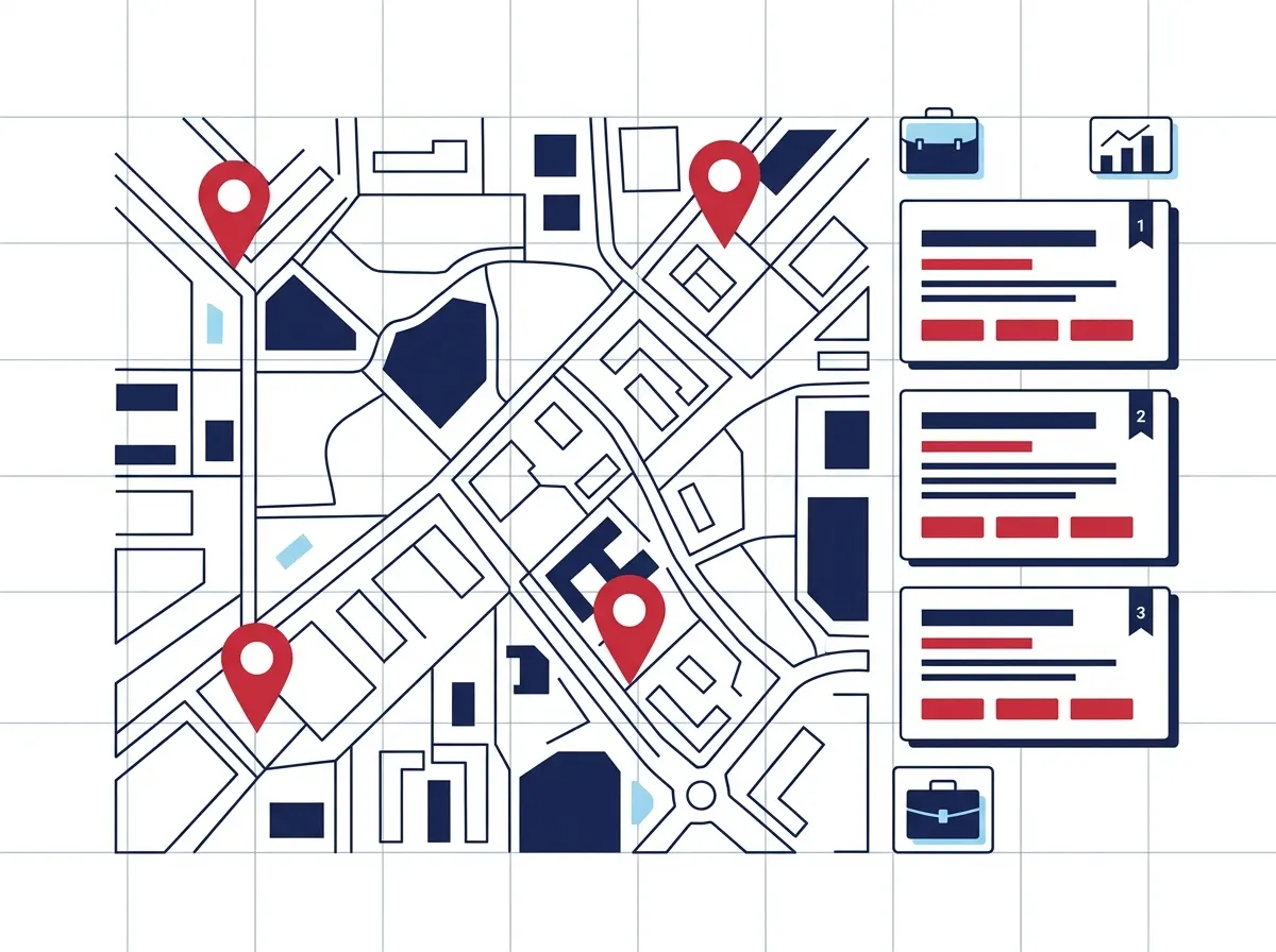 Stylized Google map pack mock with three anonymous local result cards and map pins