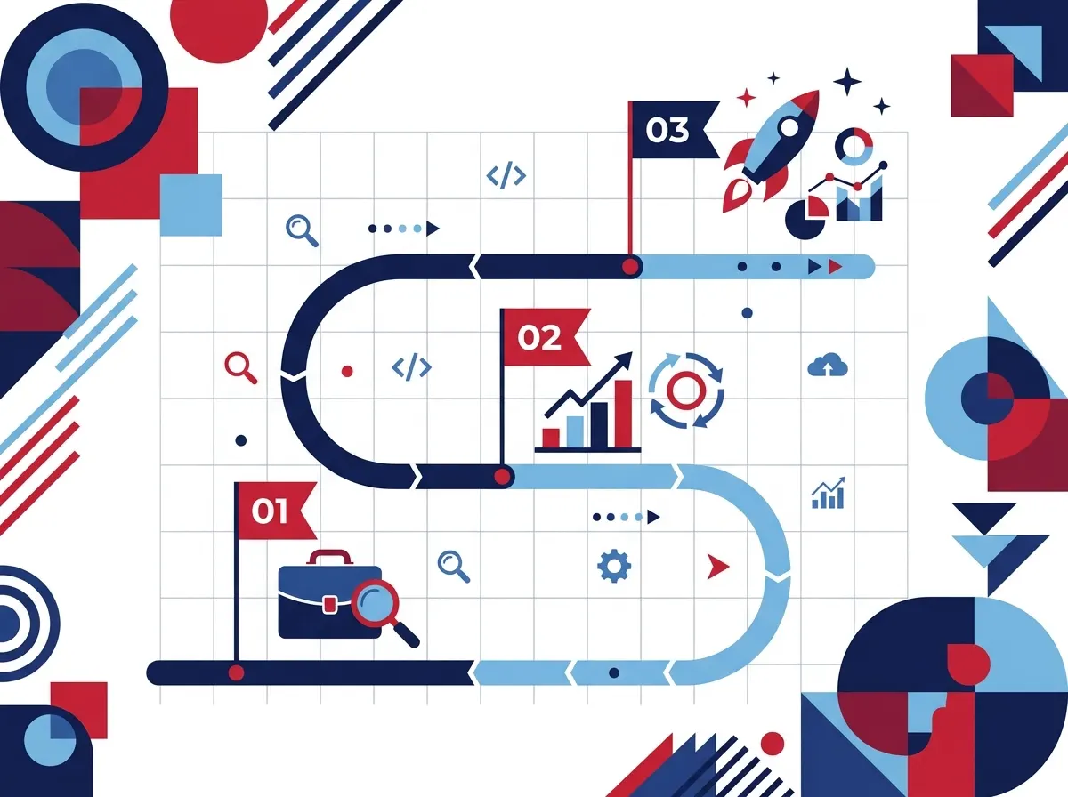 Three step process path illustration moving from audit to optimization to growth