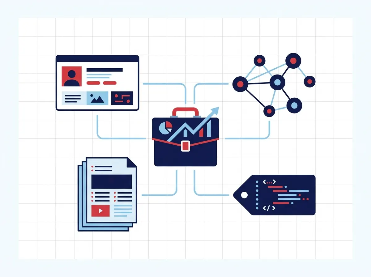 Flat lay illustration of SEO deliverables including audit, content, citations, and schema tiles