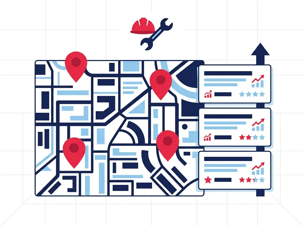 Stylized Google map pack mock with three anonymous local result cards and map pins
