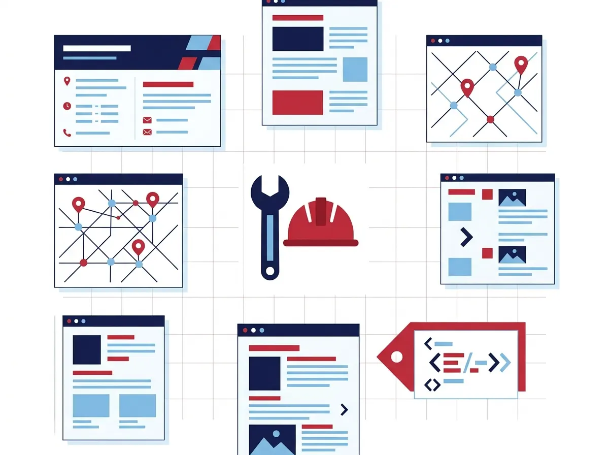 Flat lay illustration of SEO deliverables including audit, content, citations, and schema tiles