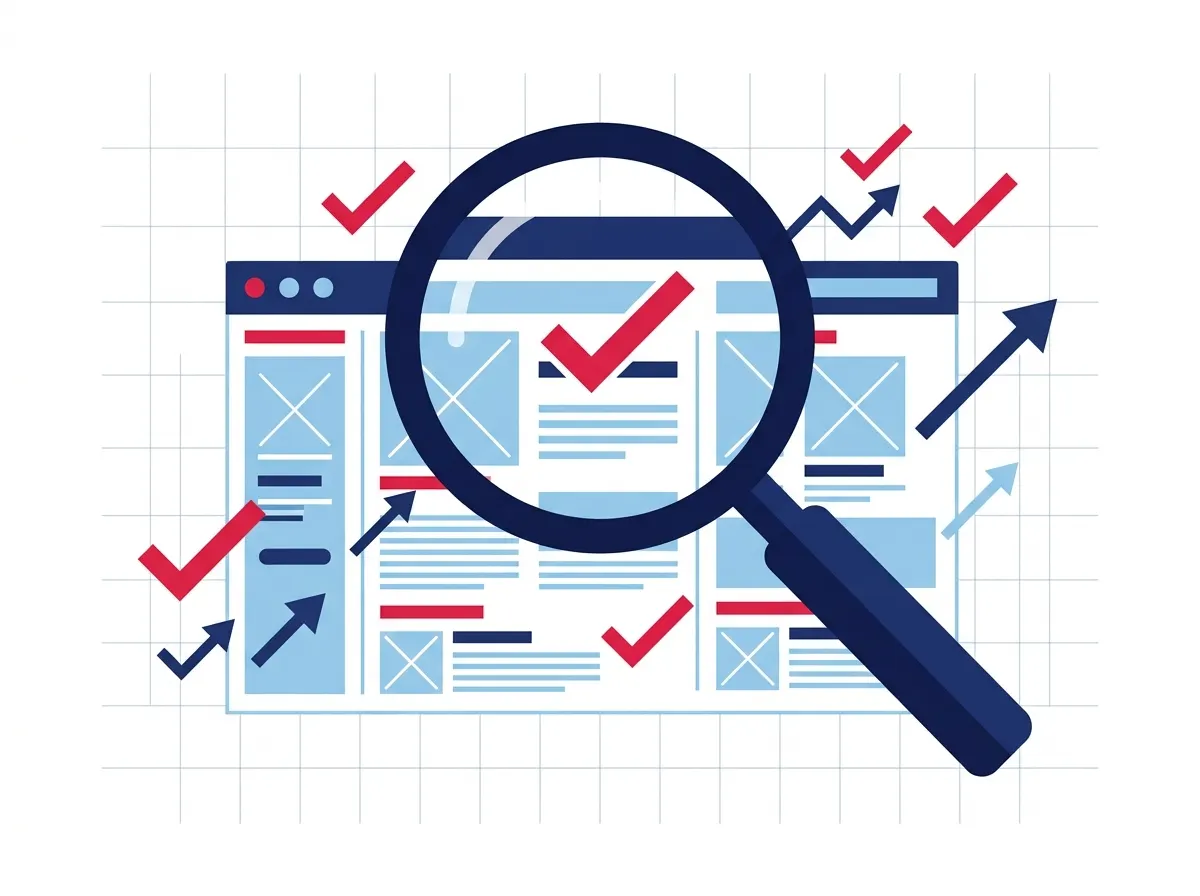 Magnifier over a stylized website wireframe representing the audit step