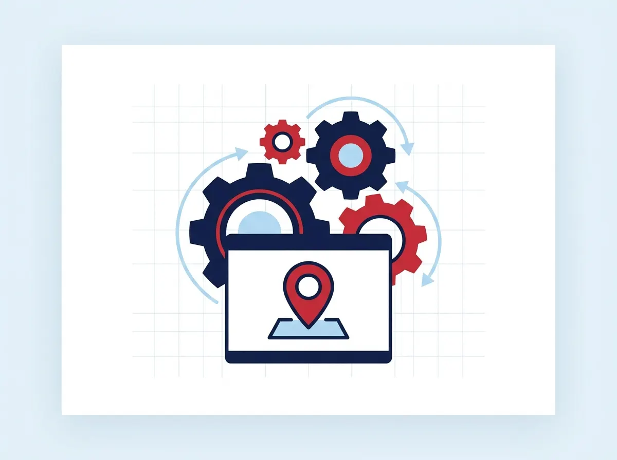Gears over an abstract business profile card representing the optimization step