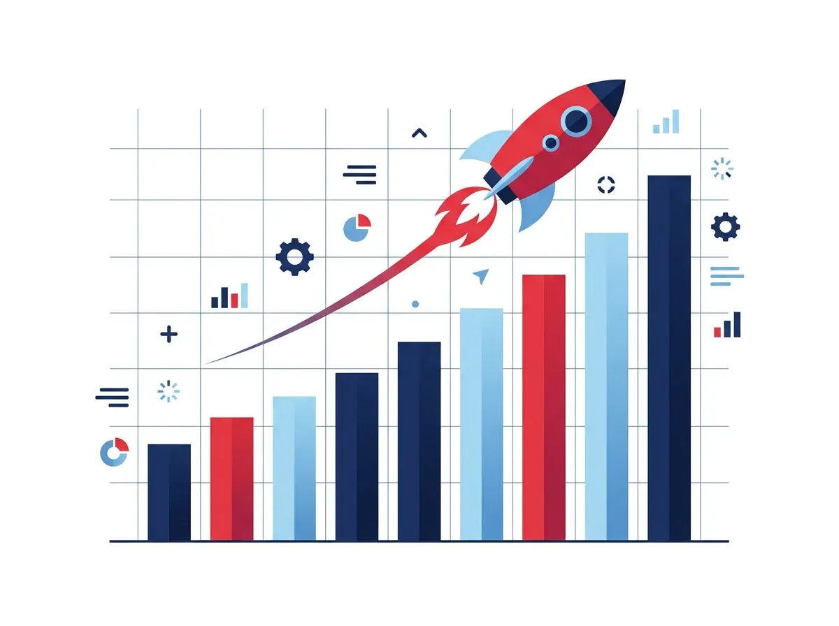 Growth chart with a rising curve and rocket representing the growth step