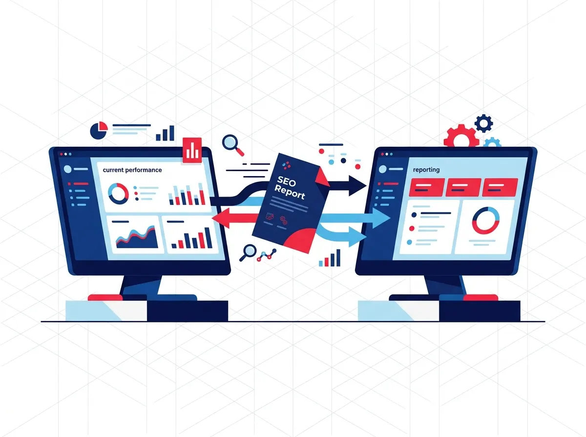 Two abstract dashboards passing a report between agencies, illustrating white label handoff