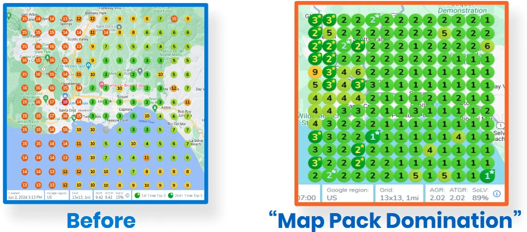 Two GeoGrid scans of one service area, red low rankings before and green top three rankings after