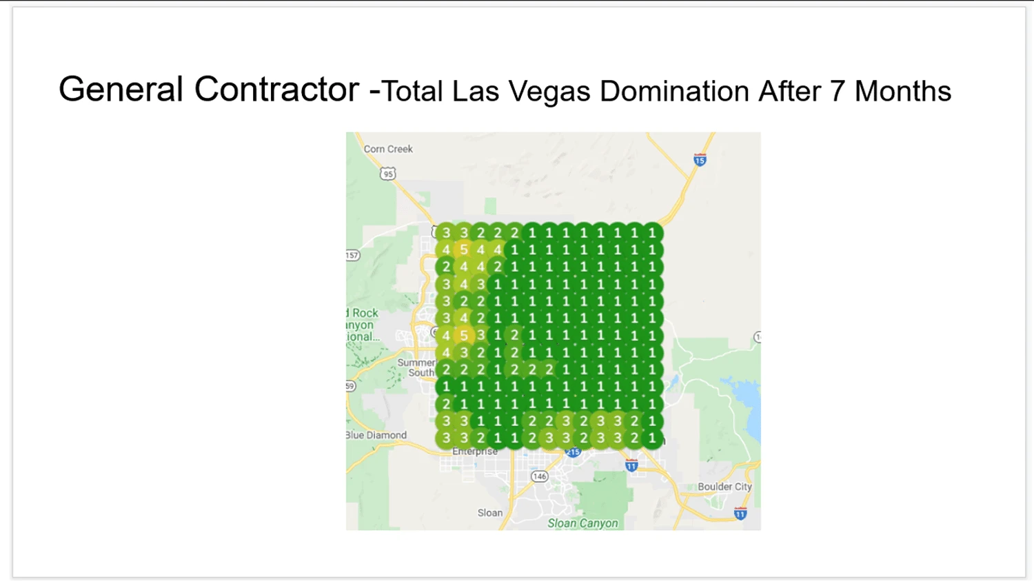 GeoGrid over Las Vegas showing a general contractor ranking in the top three across the whole grid