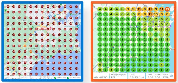 Before and after GeoGrid scans, red twenty plus rankings on the left and green top three rankings on the right
